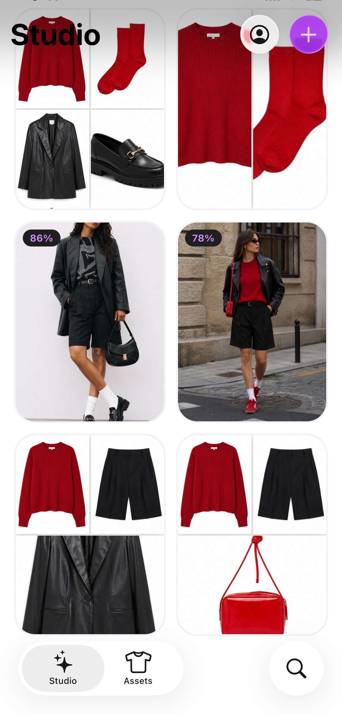 Studio tab with saved looks and pieces